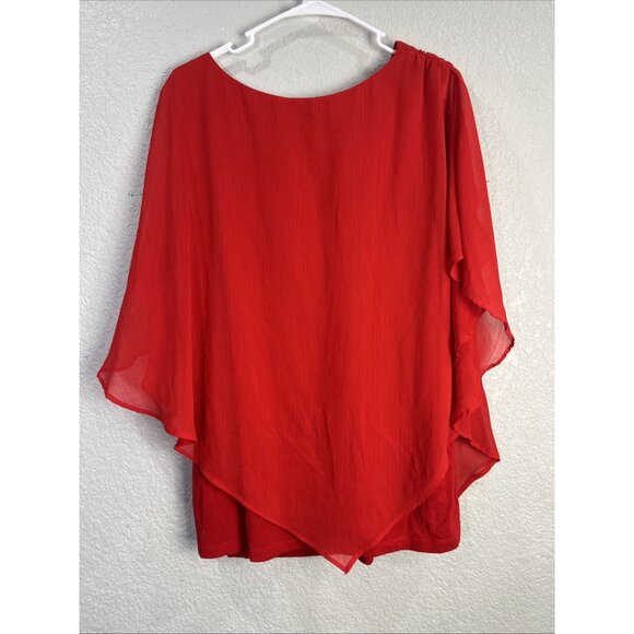 Alyx Top Womens 3X Red Poncho Chiffon Gauze Flutter Sleeve Overlay Assymetrical - Picture 4 of 8